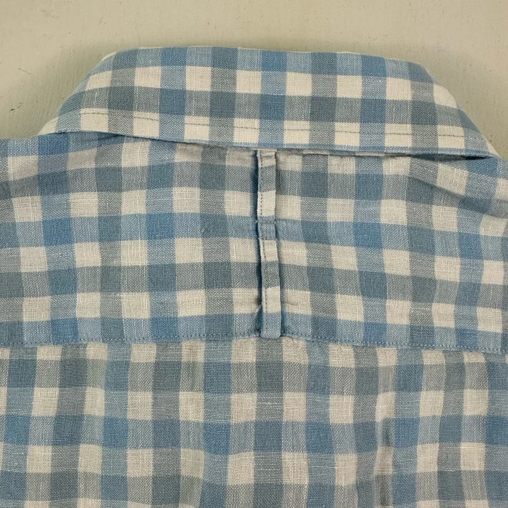 Banana Republic 100% Linen Shirt Men Medium White Blue Gingham Plaid Long Sleeve